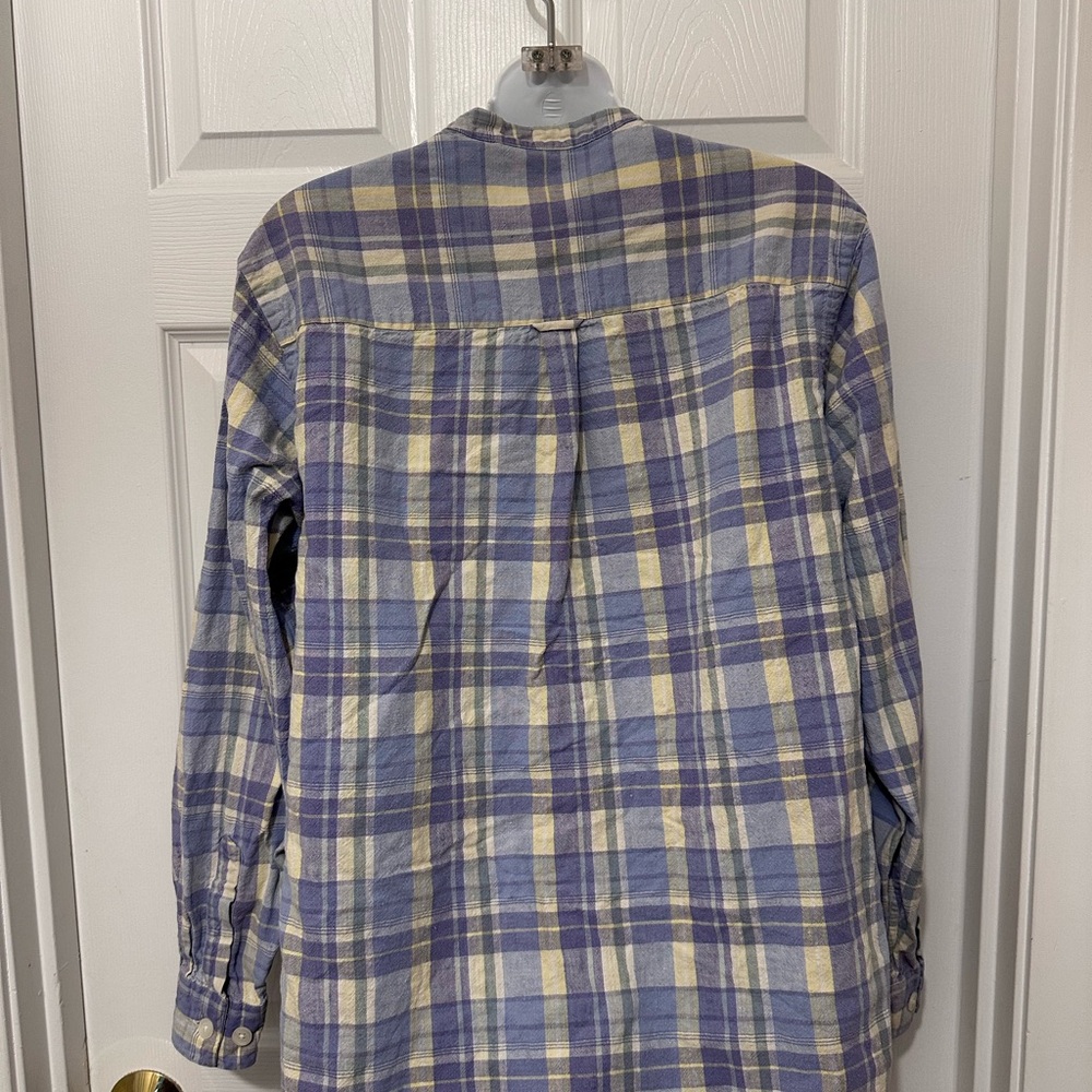 L.L.Bean Women’s M Light Blue Lavender Yellow Plaid Linen Shirt Mandarin Collar - Picture 11 of 11